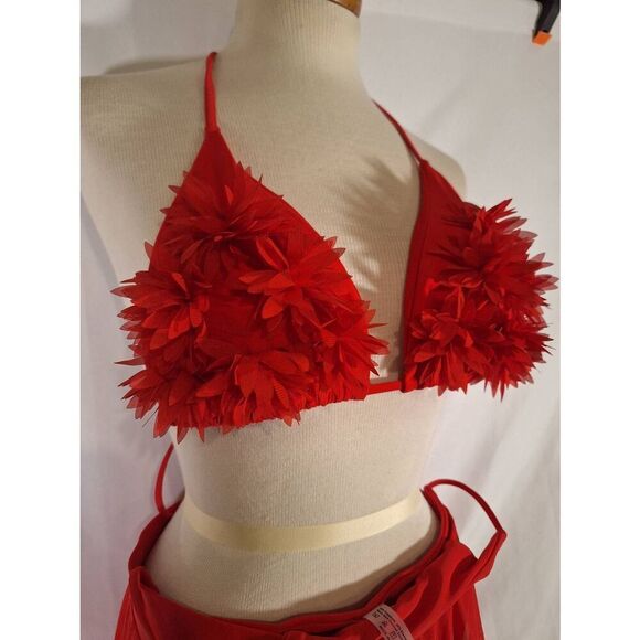 Womens 3 Piece Swimwear Halter Triangle Bikini Swimsuit Mesh Skirt Red Sz XL NEW - Picture 4 of 6